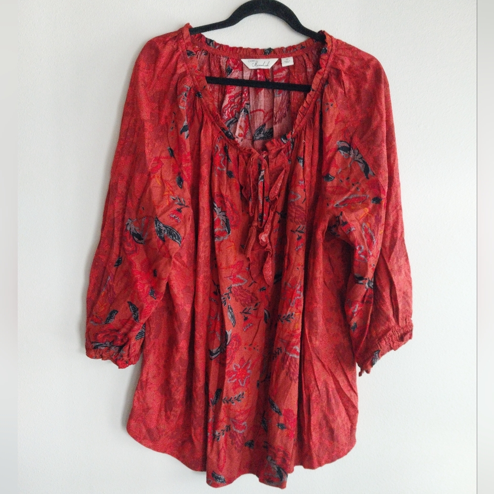 Cafe Marrakesh Red and Orange Abstract Floral Peasant Boho Top